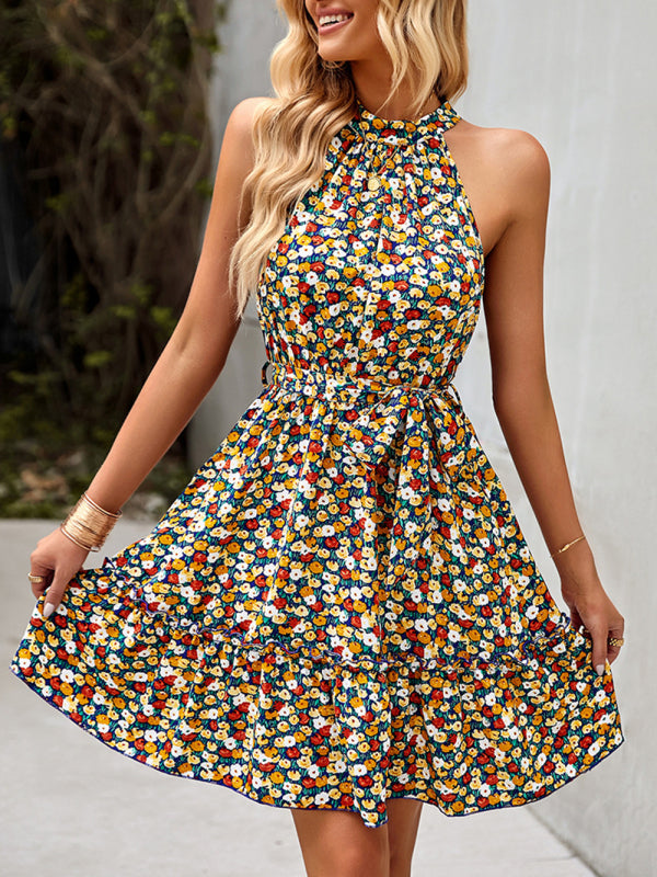 Dress- Floral Halter Waist Tie Tiered Ruffle Dress- - IndioGear Fashion and Gear