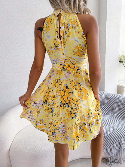 Dress- Floral High Halter Neck Mini Dress for Women- - IndioGear Fashion and Gear