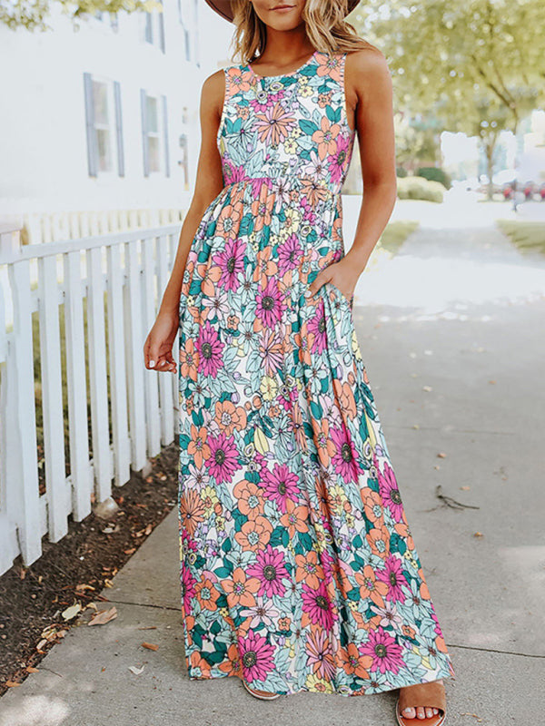 Dress- Floral Maxi Dress: Casual Style, High Waist, A-line Silhouette, Pockets- Pink- IndioGear Fashion and Gear