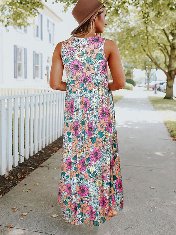 Dress- Floral Maxi Dress: Casual Style, High Waist, A-line Silhouette, Pockets- - IndioGear Fashion and Gear