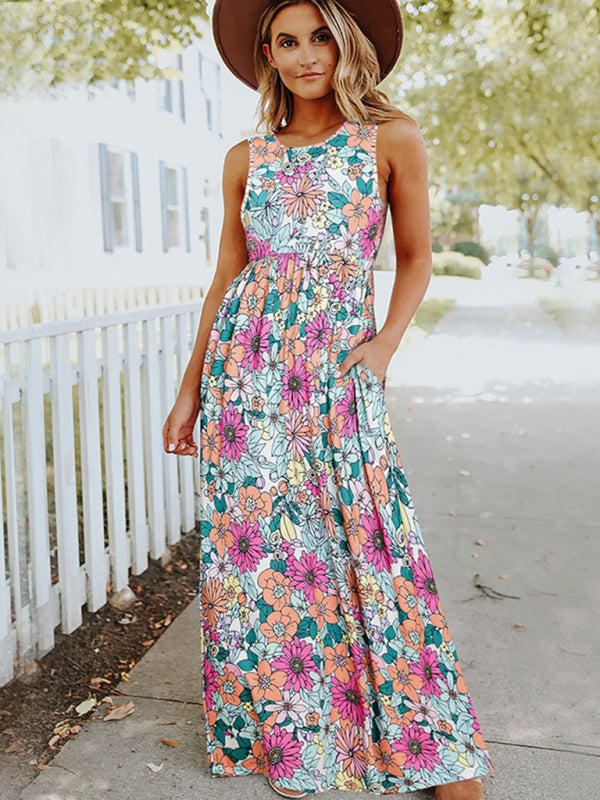 Dress- Floral Maxi Dress: Casual Style, High Waist, A-line Silhouette, Pockets- - IndioGear Fashion and Gear