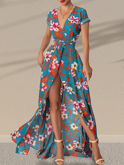 Dress- Floral Maxi Knot Waist Surplice Robe Dress- Blue- IndioGear Fashion and Gear