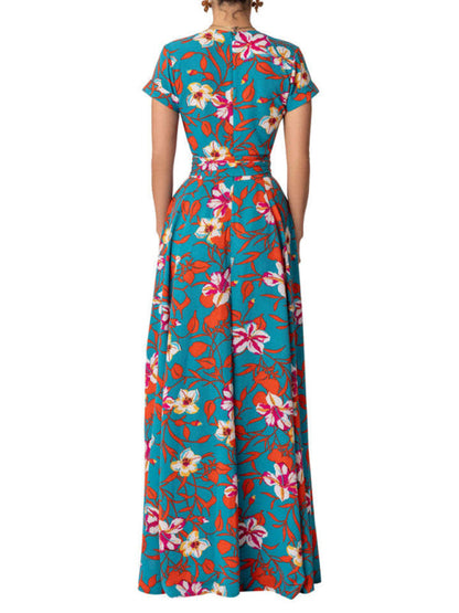 Dress- Floral Maxi Knot Waist Surplice Robe Dress- - IndioGear Fashion and Gear