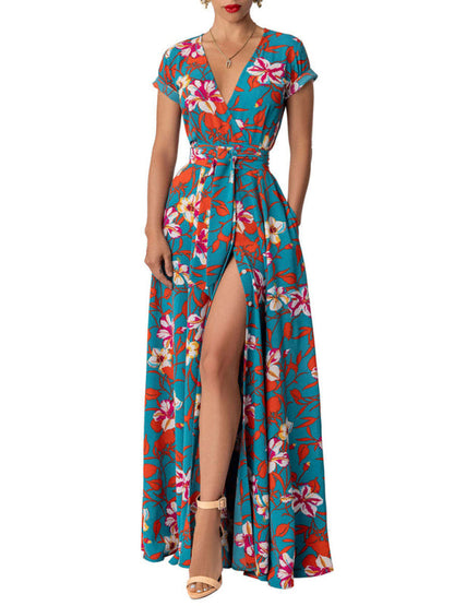 Dress- Floral Maxi Knot Waist Surplice Robe Dress- - IndioGear Fashion and Gear