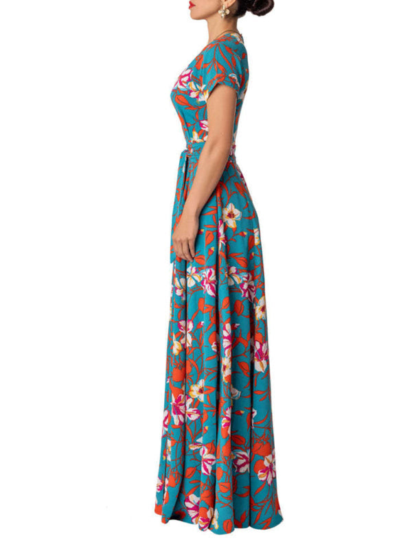 Dress- Floral Maxi Knot Waist Surplice Robe Dress- - IndioGear Fashion and Gear