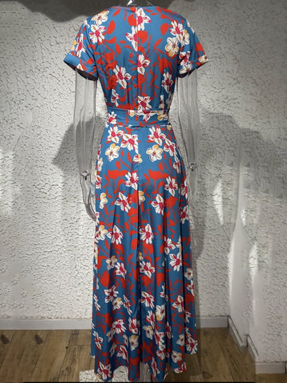 Dress- Floral Maxi Knot Waist Surplice Robe Dress- - IndioGear Fashion and Gear