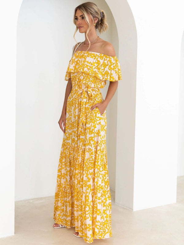 Dress- Floral Off-Shoulder Maxi Dress with Tiered Pleats- - IndioGear Fashion and Gear