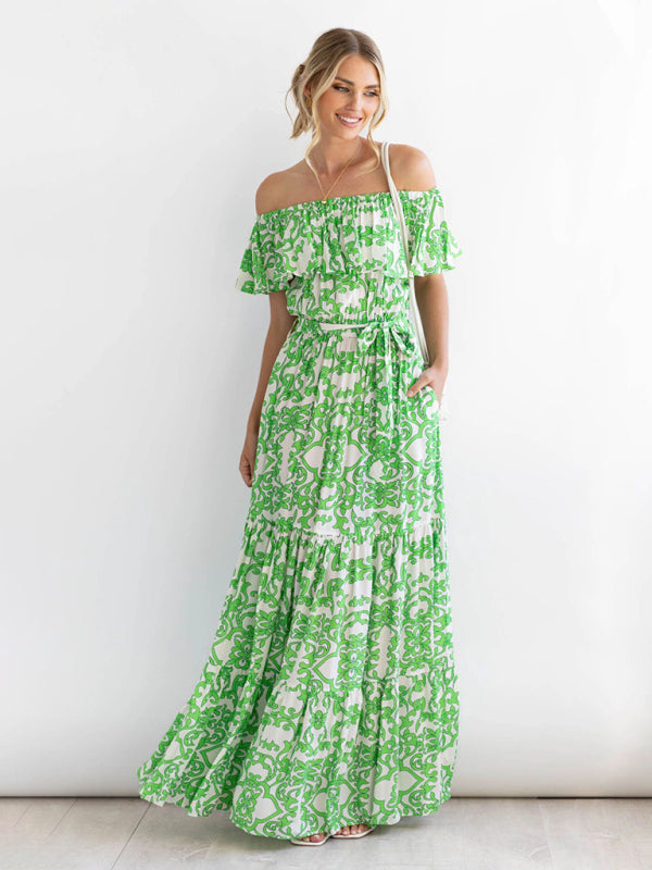 Dress- Floral Off-Shoulder Maxi Dress with Tiered Pleats- - IndioGear Fashion and Gear