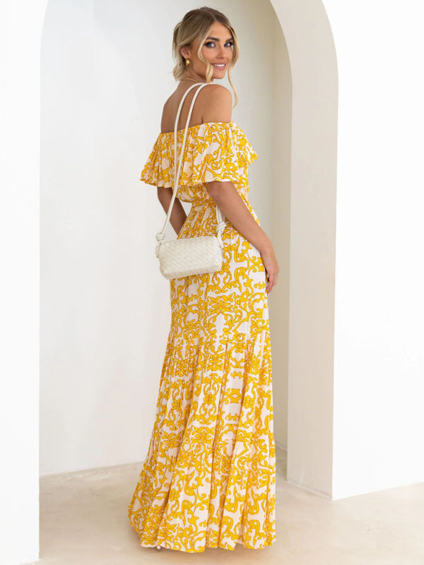 Dress- Floral Off-Shoulder Maxi Dress with Tiered Pleats- - IndioGear Fashion and Gear