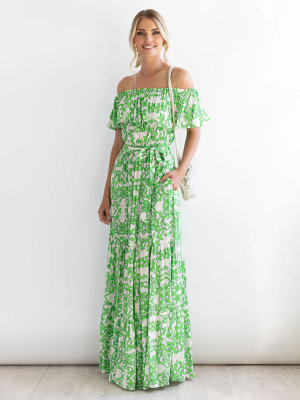 Dress- Floral Off-Shoulder Maxi Dress with Tiered Pleats- - IndioGear Fashion and Gear