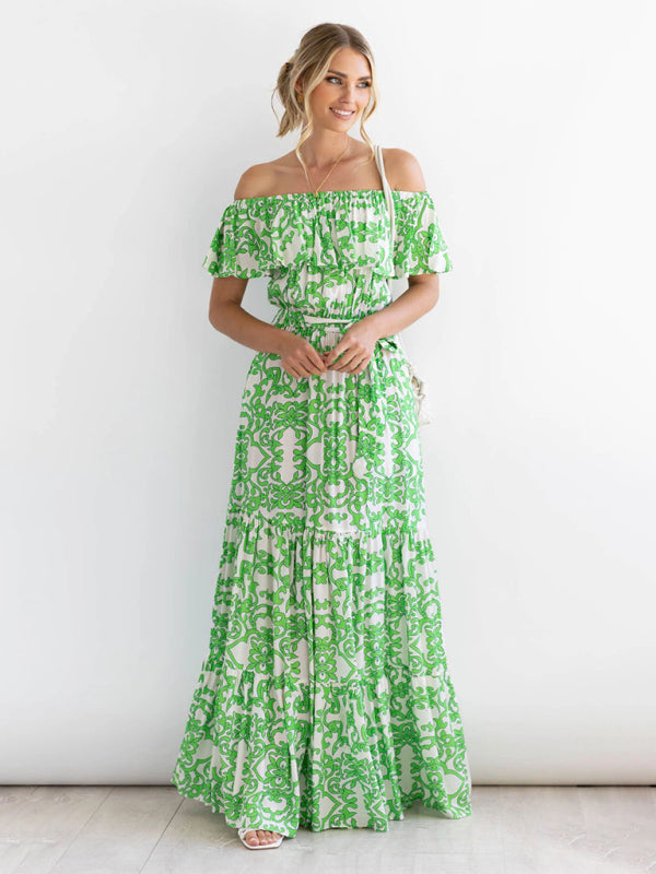 Dress- Floral Off-Shoulder Maxi Dress with Tiered Pleats- Green- IndioGear Fashion and Gear