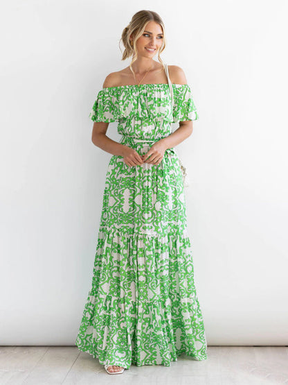 Dress- Floral Off-Shoulder Maxi Dress with Tiered Pleats- Green- IndioGear Fashion and Gear