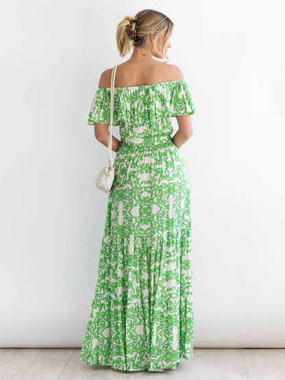 Dress- Floral Off-Shoulder Maxi Dress with Tiered Pleats- - IndioGear Fashion and Gear