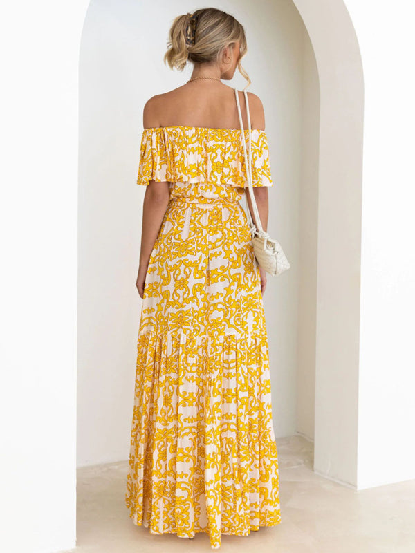 Dress- Floral Off-Shoulder Maxi Dress with Tiered Pleats- - IndioGear Fashion and Gear