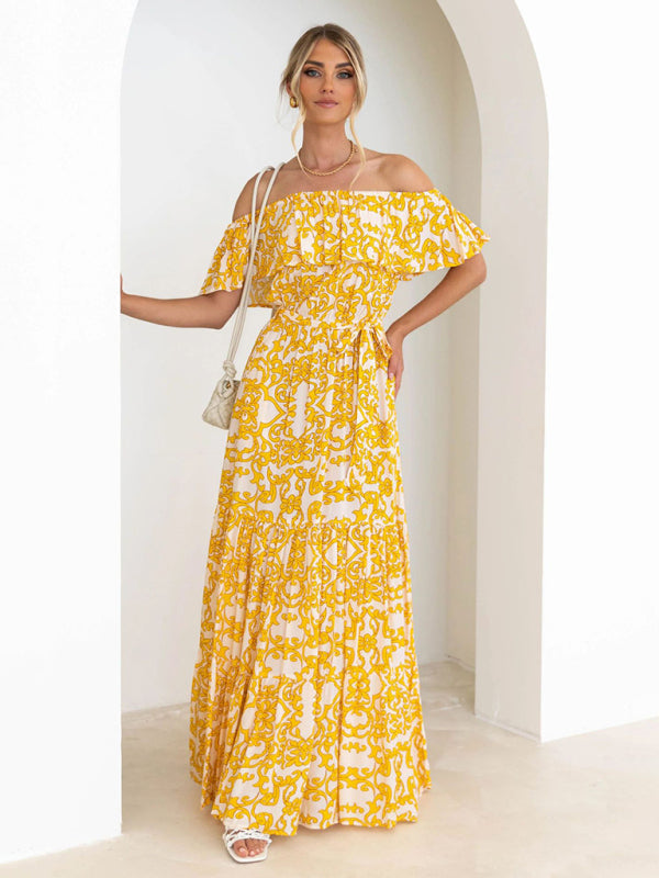 Dress- Floral Off-Shoulder Maxi Dress with Tiered Pleats- - IndioGear Fashion and Gear