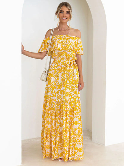 Dress- Floral Off-Shoulder Maxi Dress with Tiered Pleats- Yellow- IndioGear Fashion and Gear