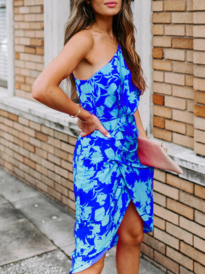 Dress- Floral One Shoulder Wrap Bodycon Dress- Blue- IndioGear Fashion and Gear