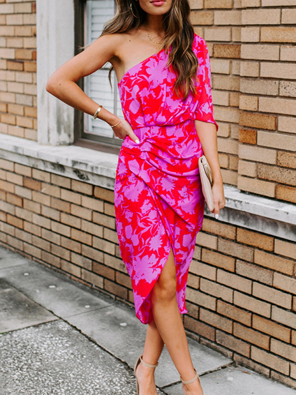 Dress- Floral One Shoulder Wrap Bodycon Dress- Rose- IndioGear Fashion and Gear