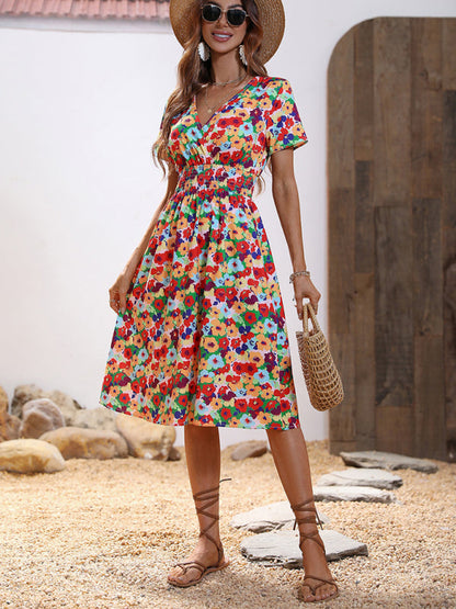 Dress- Floral Print Summer Surplice V-Neck Dress with Smocked Waist- - IndioGear Fashion and Gear