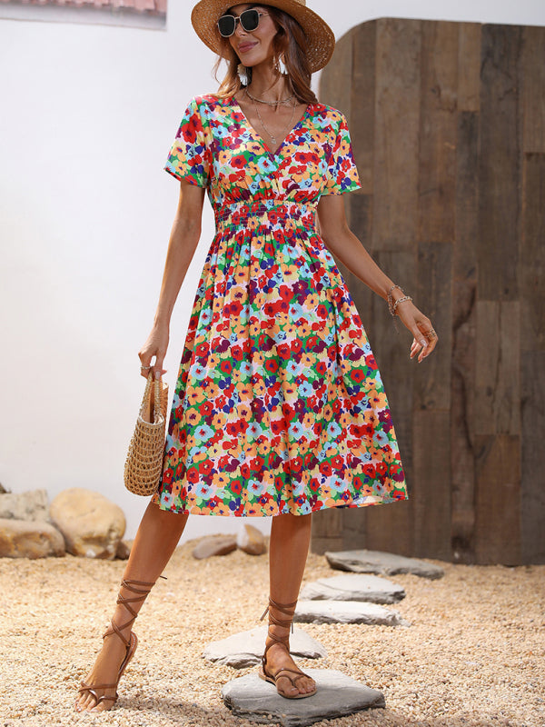 Dress- Floral Print Summer Surplice V-Neck Dress with Smocked Waist- - IndioGear Fashion and Gear