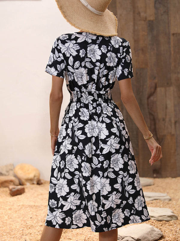 Dress- Floral Print Summer Surplice V-Neck Dress with Smocked Waist- - IndioGear Fashion and Gear