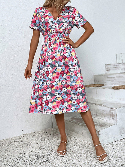 Dress- Floral Print Summer Surplice V-Neck Dress with Smocked Waist- - IndioGear Fashion and Gear