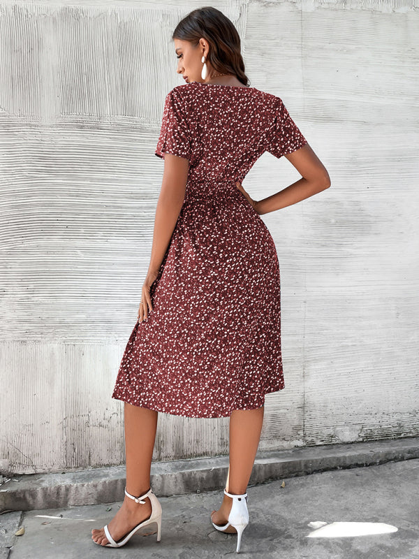 Dress- Floral Print Summer Surplice V-Neck Dress with Smocked Waist- - IndioGear Fashion and Gear