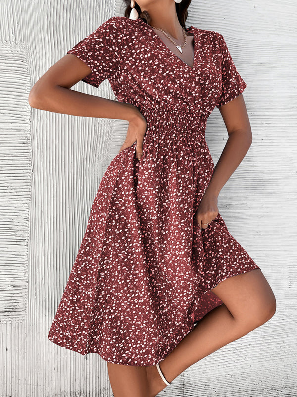 Dress- Floral Print Summer Surplice V-Neck Dress with Smocked Waist- - IndioGear Fashion and Gear