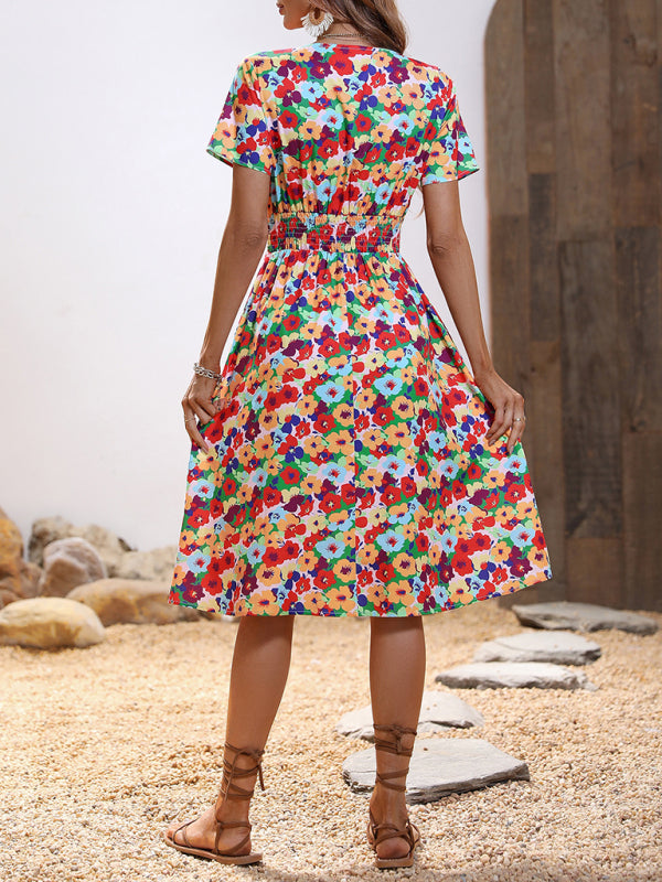 Dress- Floral Print Summer Surplice V-Neck Dress with Smocked Waist- - IndioGear Fashion and Gear