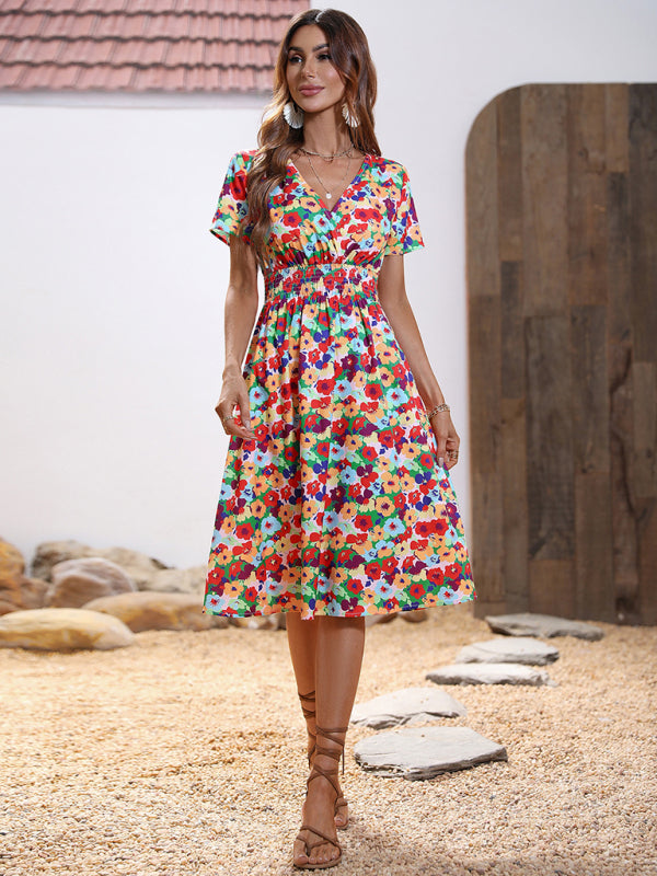 Dress- Floral Print Summer Surplice V-Neck Dress with Smocked Waist- - IndioGear Fashion and Gear