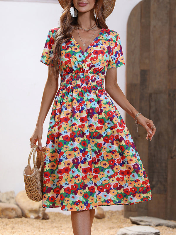 Dress- Floral Print Summer Surplice V-Neck Dress with Smocked Waist- - IndioGear Fashion and Gear