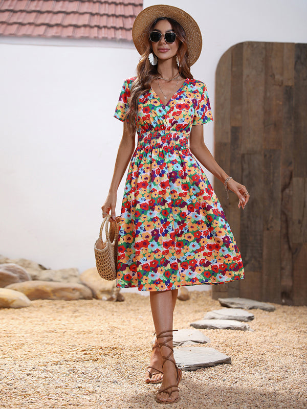 Dress- Floral Print Summer Surplice V-Neck Dress with Smocked Waist- - IndioGear Fashion and Gear