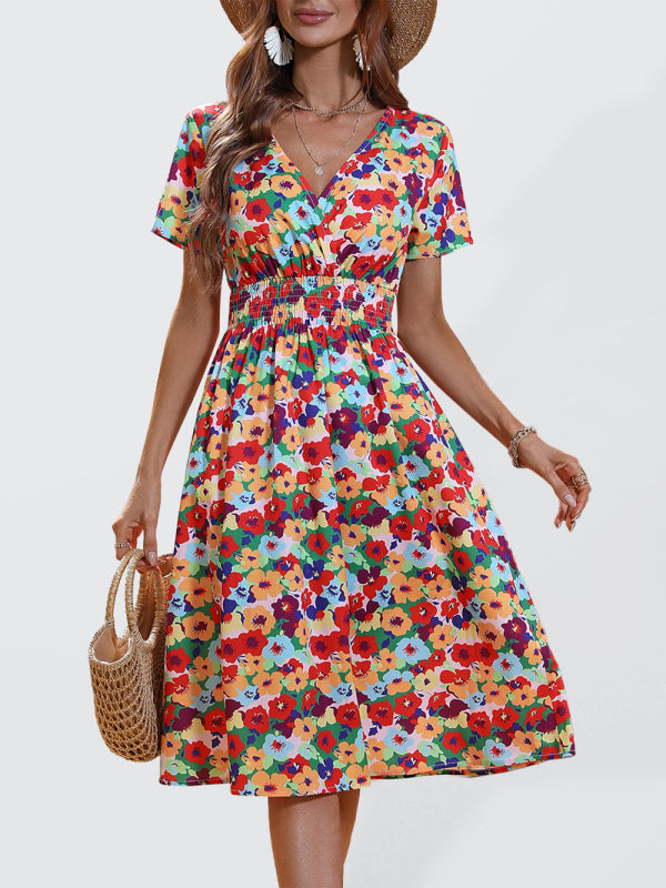 Dress- Floral Print Summer Surplice V-Neck Dress with Smocked Waist- Green- IndioGear Fashion and Gear