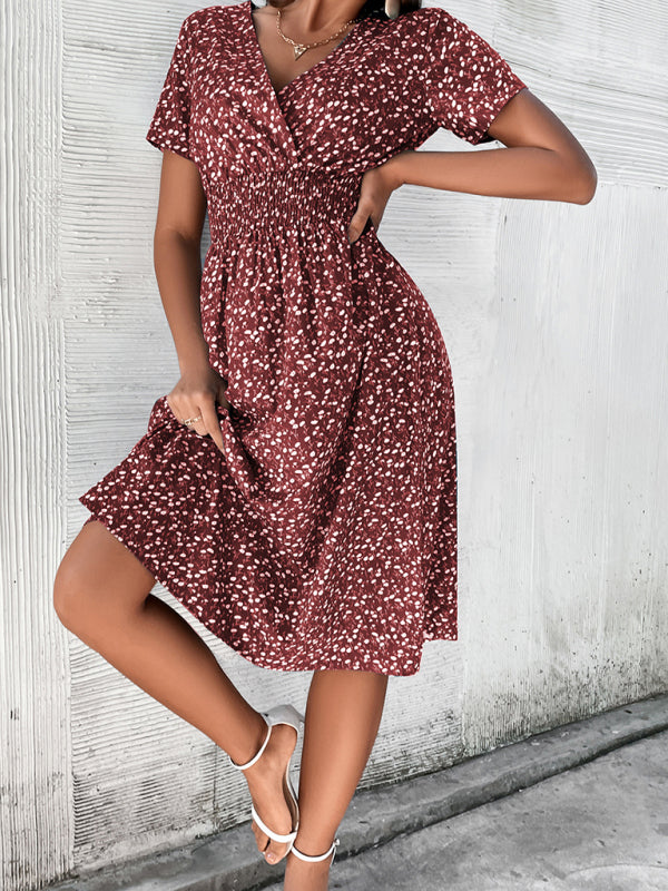 Dress- Floral Print Summer Surplice V-Neck Dress with Smocked Waist- Red- IndioGear Fashion and Gear