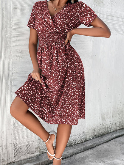 Dress- Floral Print Summer Surplice V-Neck Dress with Smocked Waist- Red- IndioGear Fashion and Gear