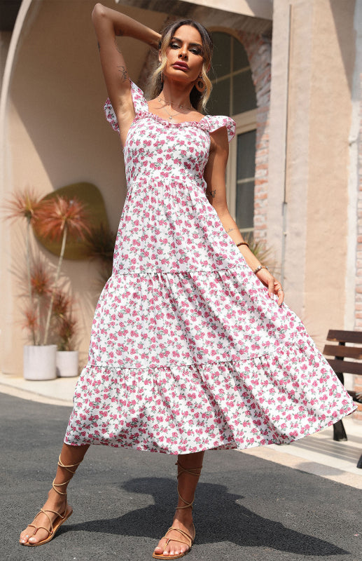 Dress- Floral Romantic Tiered Ruffle Backless Cami Maxi Dress- - IndioGear Fashion and Gear