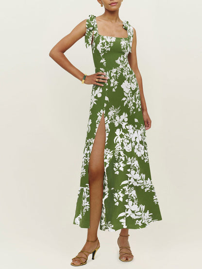 Dress- Floral Summer Cami Slit Midi Dress- Green- IndioGear Fashion and Gear