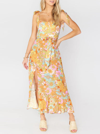 Dress- Floral Summer Cami Slit Midi Dress- Yellow- IndioGear Fashion and Gear