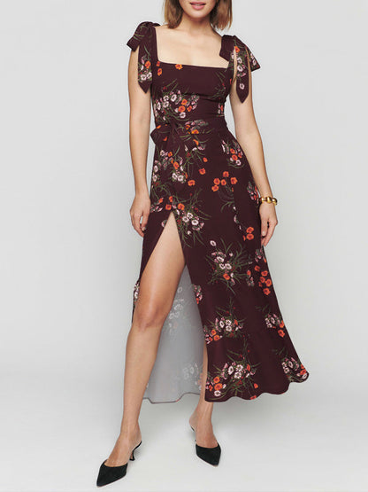 Dress- Floral Summer Cami Slit Midi Dress- Black- IndioGear Fashion and Gear