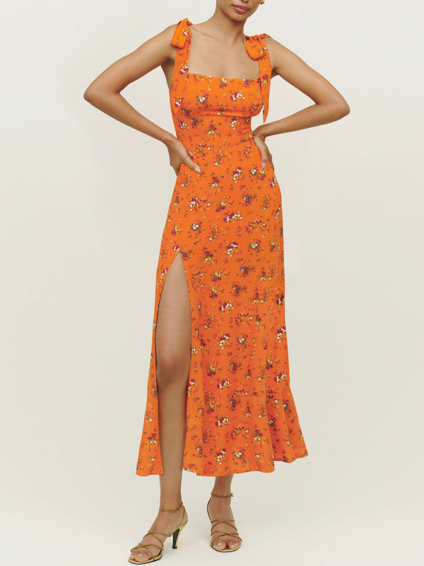 Dress- Floral Summer Cami Slit Midi Dress- Orange- IndioGear Fashion and Gear