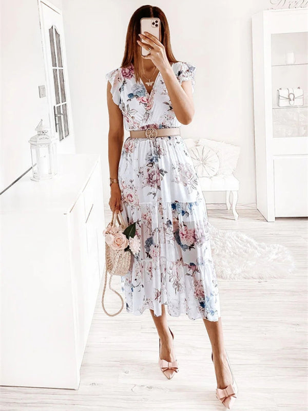 Dress- Floral Surplice V-Neck Smocked Waist Midi Dress Without belt- - IndioGear Fashion and Gear