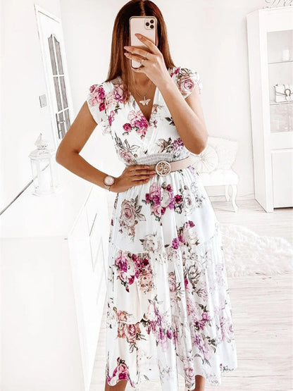 Dress- Floral Surplice V-Neck Smocked Waist Midi Dress Without belt- - IndioGear Fashion and Gear