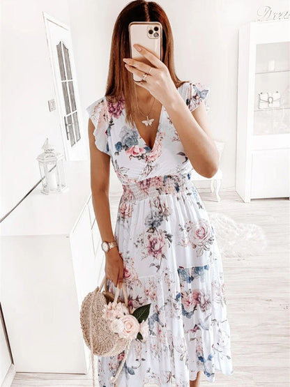 Dress- Floral Surplice V-Neck Smocked Waist Midi Dress Without belt- - IndioGear Fashion and Gear