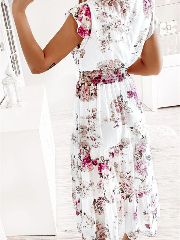 Dress- Floral Surplice V-Neck Smocked Waist Midi Dress Without belt- - IndioGear Fashion and Gear