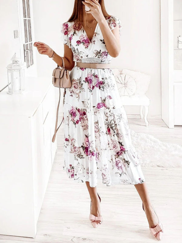 Dress- Floral Surplice V-Neck Smocked Waist Midi Dress Without belt- Purple- IndioGear Fashion and Gear