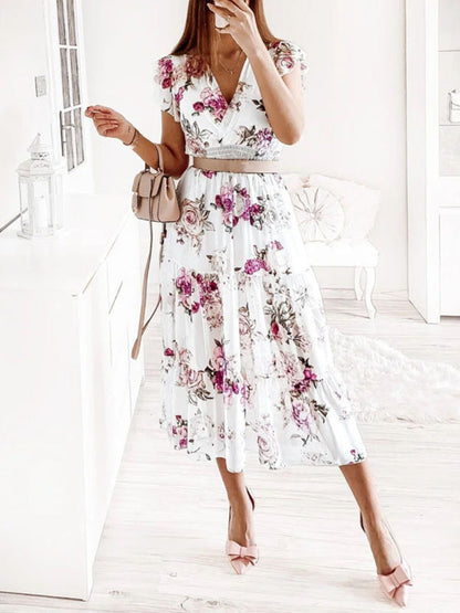 Dress- Floral Surplice V-Neck Smocked Waist Midi Dress Without belt- Purple- IndioGear Fashion and Gear