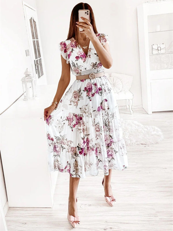 Dress- Floral Surplice V-Neck Smocked Waist Midi Dress Without belt- - IndioGear Fashion and Gear