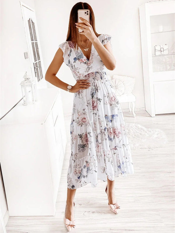 Dress- Floral Surplice V-Neck Smocked Waist Midi Dress Without belt- White- IndioGear Fashion and Gear