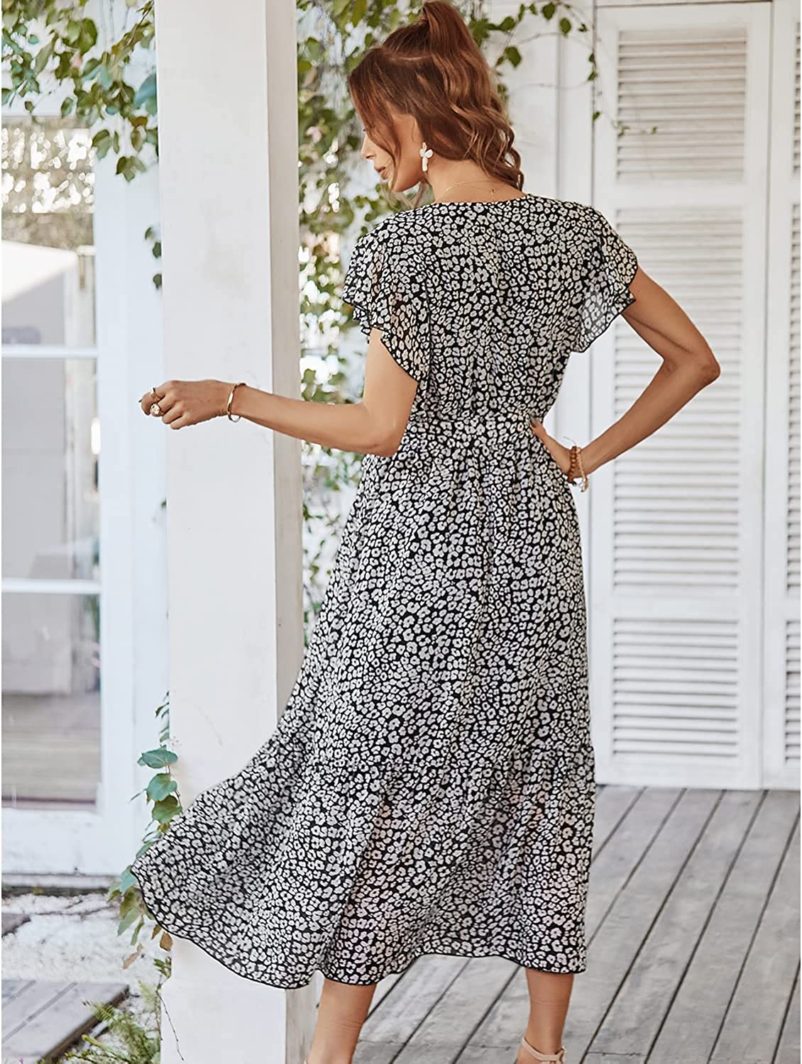 Dress- Floral Tiered Ruffe Surplice V-Neck Maxi Dress- - IndioGear Fashion and Gear