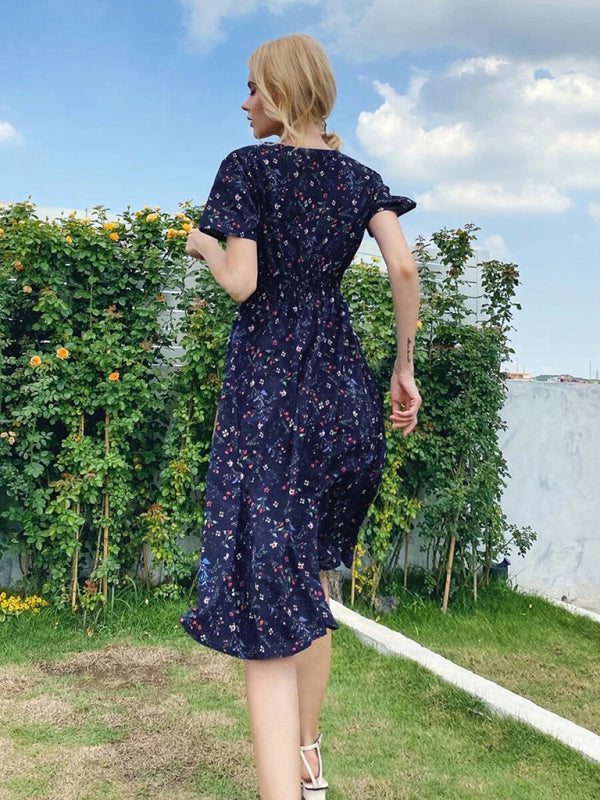 Dress- Garden Floral Smocked Waist A-Line Short Sleeve Midi Dress- - IndioGear Fashion and Gear